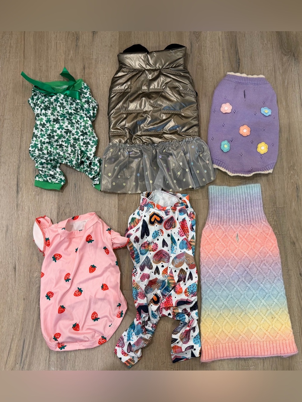 Lot of 6 Medium Dog Clothes Sweaters Dresses Floral Strawberry Knit Outfits